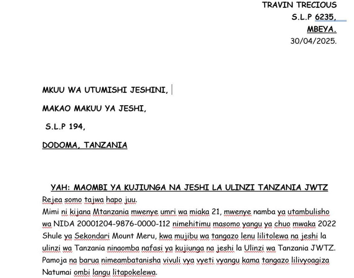 Mfano wa Barua ya Maombi ya Kazi Jeshi la JWTZ
